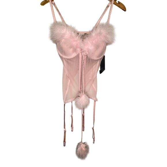 pink mesh corset with marabou feather trim - Picture 2 of 6